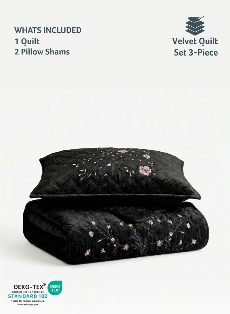 كوتون هوم Cotton Home Velvet Quilt Set 3-Piece Diamond Quilted Bedspread Set 220×240cm with two pillow case Black - Image 4
